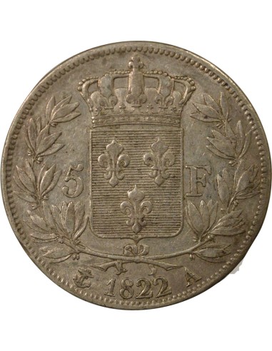 Louis XVIII Tête nue 5 francs Argent 1822 A - Paris