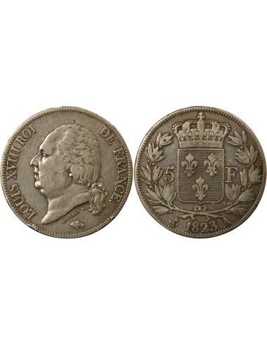 Louis XVIII Tête nue 5 francs Argent 1823 A - Paris