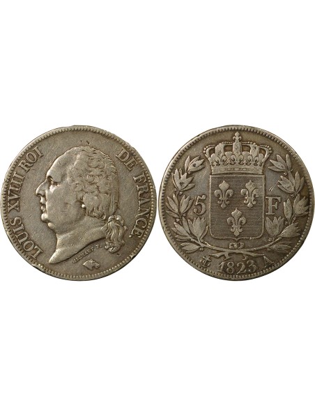 Louis XVIII Tête nue 5 francs Argent 1823 A - Paris