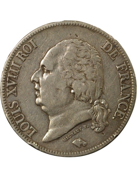 Louis XVIII Tête nue 5 francs Argent 1823 A - Paris