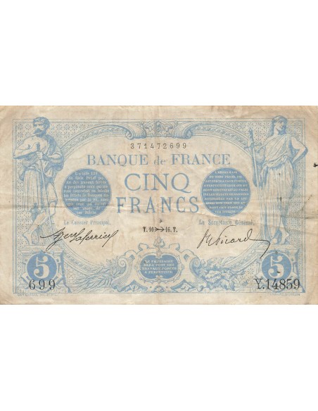 5 Francs Bleu - 10-11-1916 - Série Y.14859 5 francs 1916