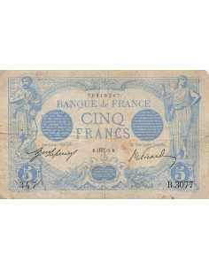 5 Francs Bleu - 04-08-1913 - Série R.3077 5 francs 1913