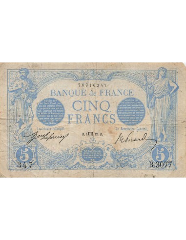 5 Francs Bleu - 04-08-1913 - Série R.3077 5 francs 1913