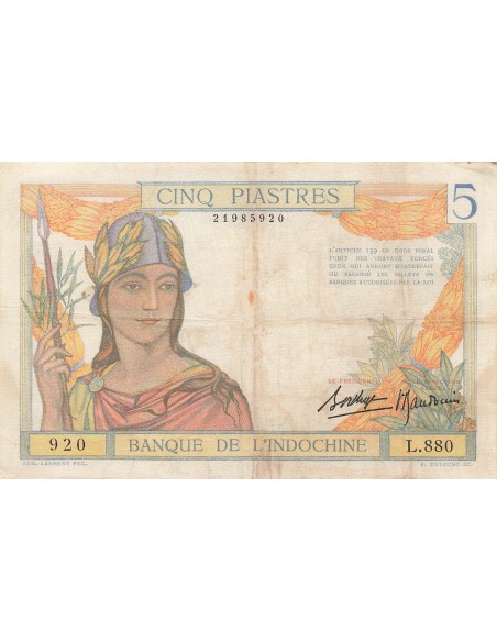 Indo-Chine Fr. 5 Piastres - ND (1936) - P.55 5 piastres 1936