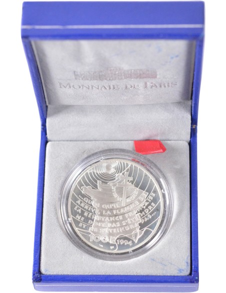 100 Francs argent BE - Appel du 18 Juin - 1994 - avec coffret et certificat 100 francs Argent 1994