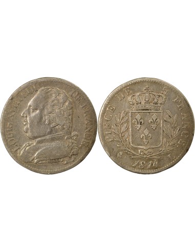 Louis XVIII au Buste Habillé 5 francs Argent 1814 L Bayonne