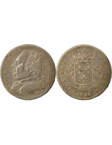 Louis XVIII au Buste Habillé 5 francs Argent 1814 L Bayonne