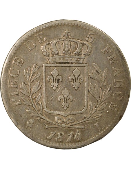 Louis XVIII au Buste Habillé 5 francs Argent 1814 L Bayonne