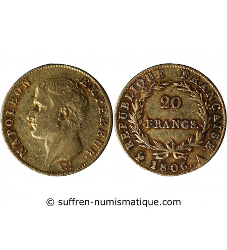 NAPOLEON Ier﻿ - 20 FRANCS OR 1806 A PARIS﻿ "Calendrier grégorien"