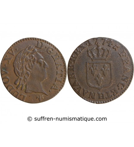 LOUIS XV﻿ - LIARD A LA VIEILLE TETE 1774 H LA ROCHELLE