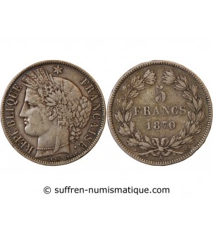 CERES - 5 FRANCS ARGENT 1870 A PARIS "Sans légende"