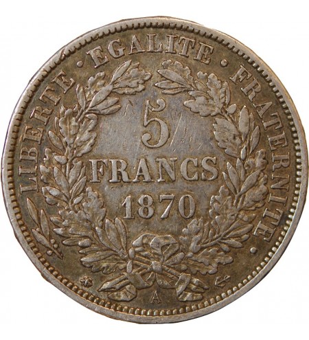 CERES - 5 FRANCS ARGENT 1870 A PARIS "Avec Légende"﻿