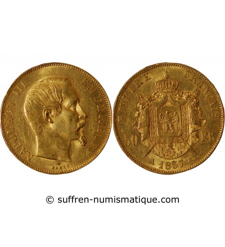 NAPOLEON III ﻿- 50 FRANCS OR 1857 A PARIS﻿  TETE NUE 1857 A PARIS﻿