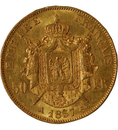 NAPOLEON III ﻿- 50 FRANCS OR 1857 A PARIS﻿  TETE NUE 1857 A PARIS﻿