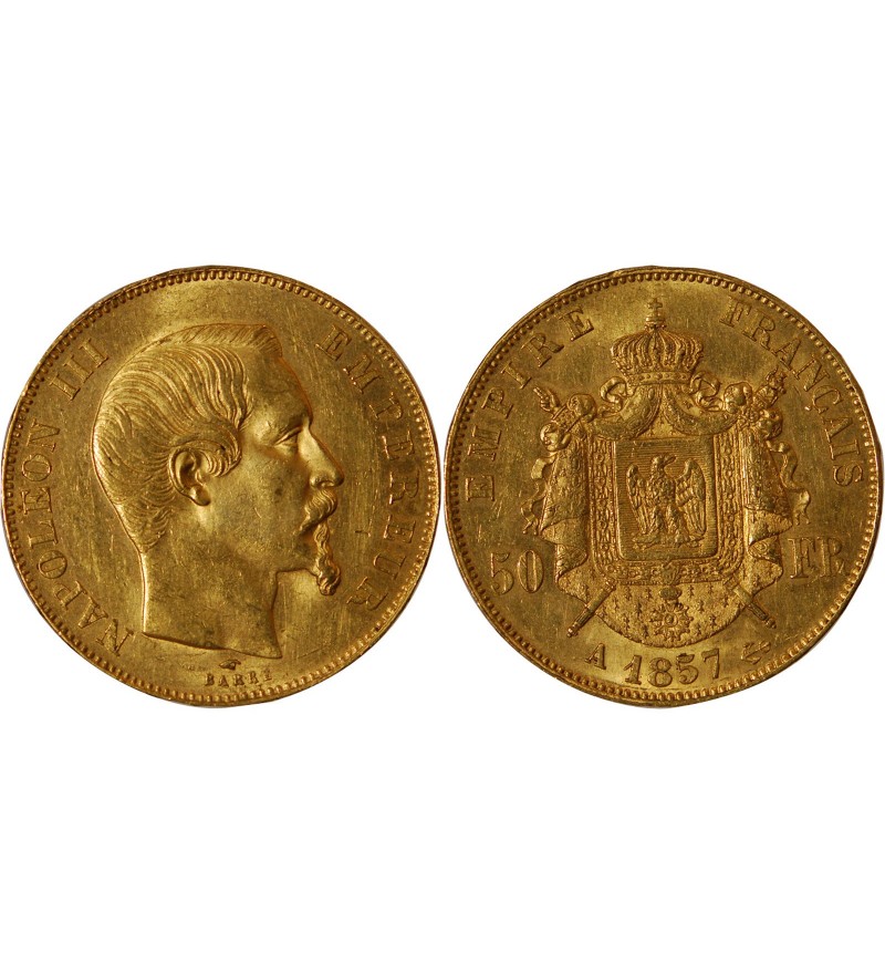 NAPOLEON III ﻿- 50 FRANCS OR 1857 A PARIS﻿  TETE NUE 1857 A PARIS﻿