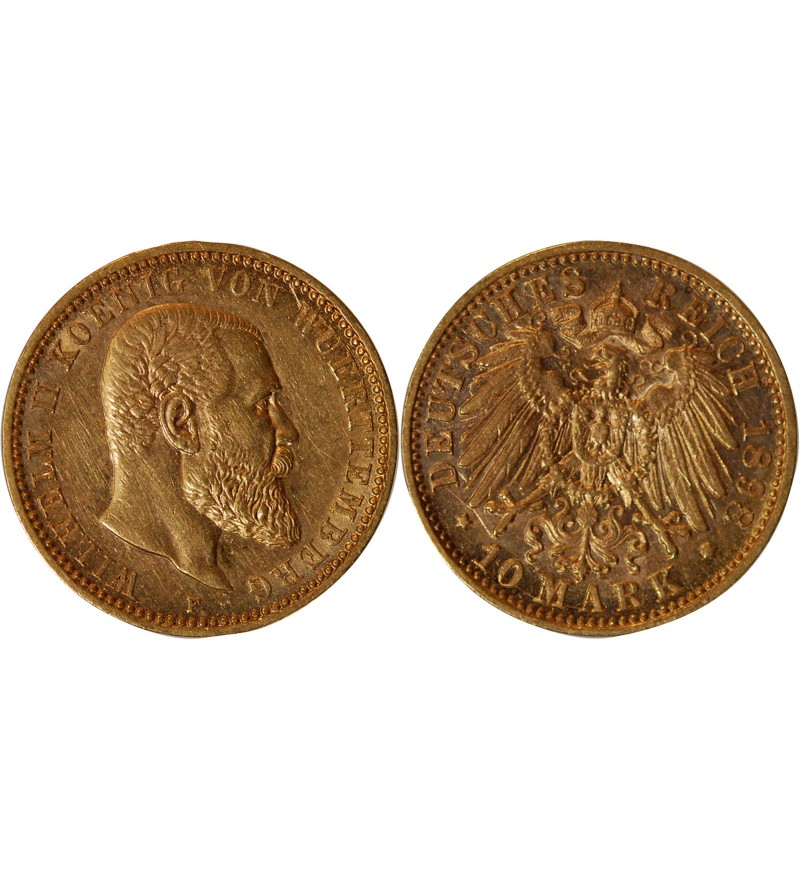 ALLEMAGNE, WURTTEMBERG, WILHELM II - 10 MARK OR 1898 F