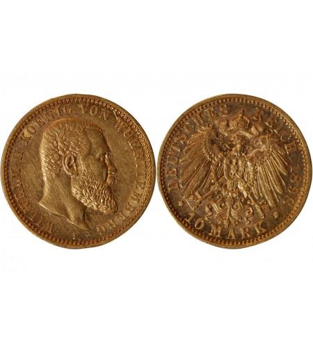 ALLEMAGNE, WURTTEMBERG, WILHELM II - 10 MARK OR 1898 F