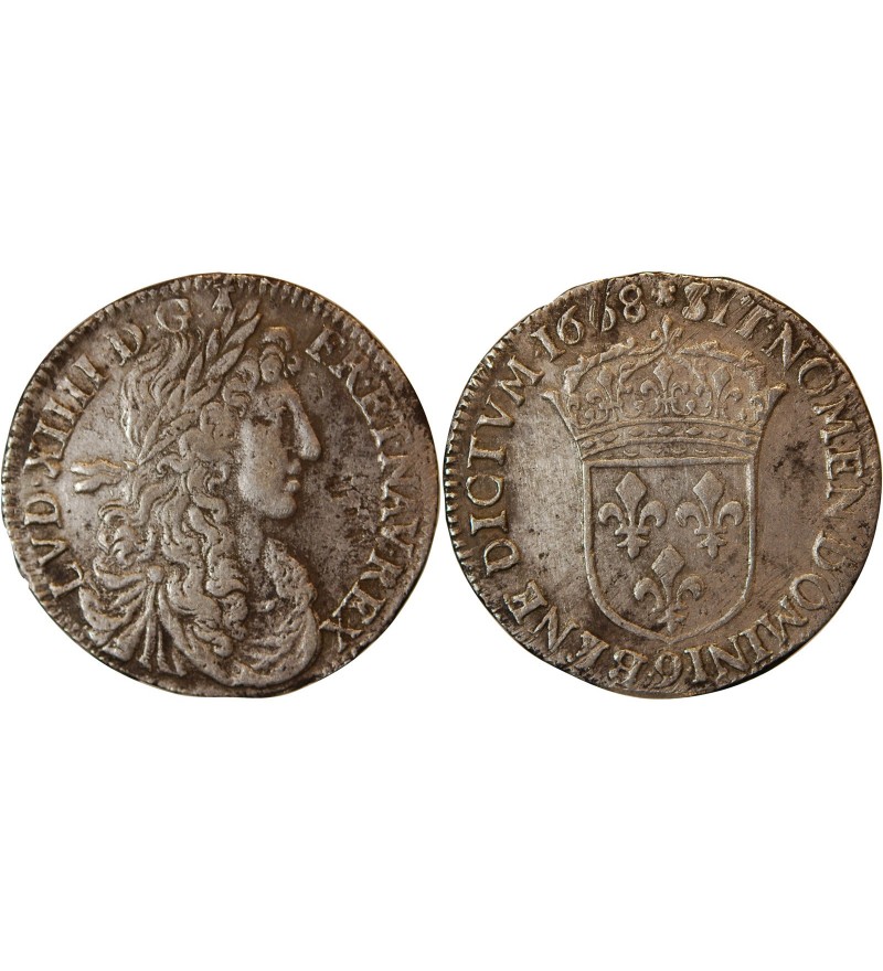 LOUIS XIV﻿ - 1/4 ECU AU BUSTE JUVENILE 1668 9 RENNES