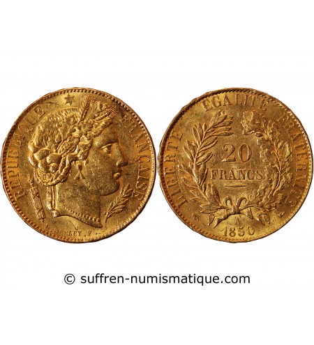 CERES ﻿- 20 FRANCS OR 1850 A PARIS﻿ "variéré oreille basse"