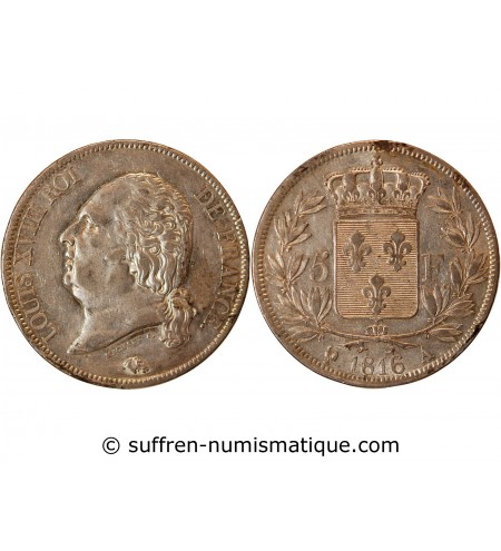 LOUIS XVIII - 5 FRANCS ARGENT 1816 A PARIS