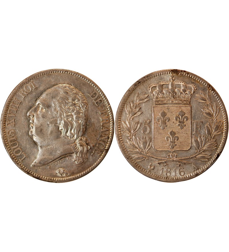 LOUIS XVIII - 5 FRANCS ARGENT 1816 A PARIS
