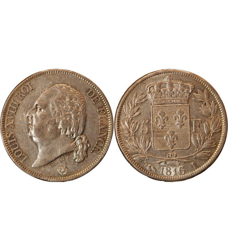 LOUIS XVIII - 5 FRANCS ARGENT 1816 I LIMOGES