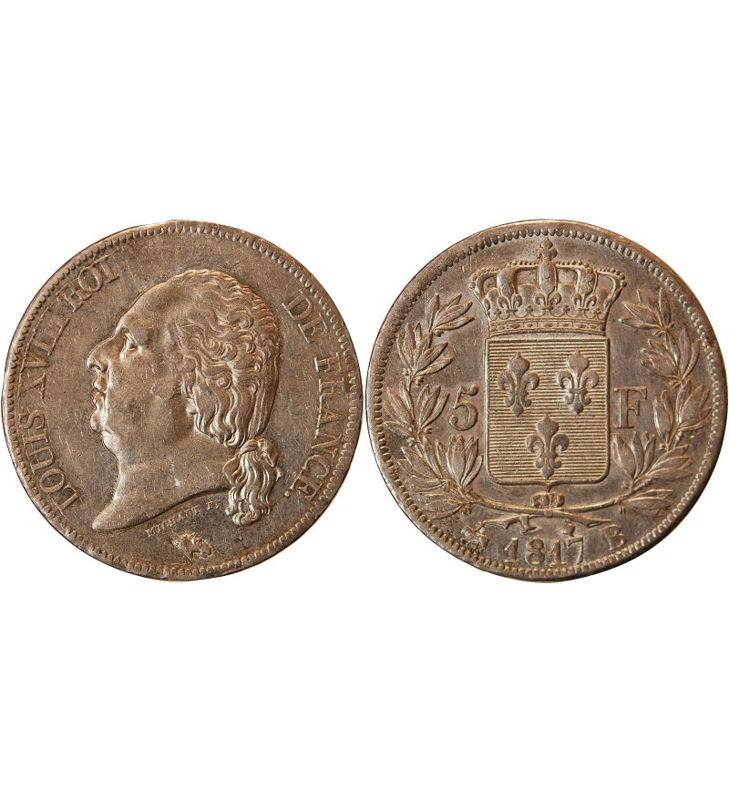 LOUIS XVIII - 5 FRANCS ARGENT 1817 B ROUEN