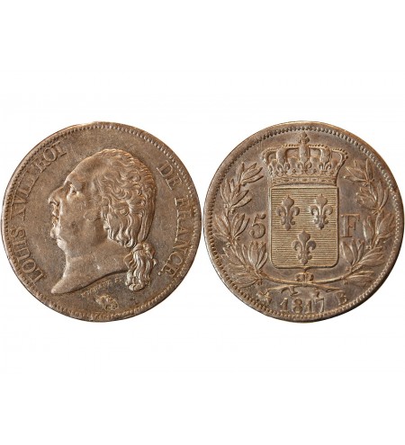 LOUIS XVIII - 5 FRANCS ARGENT 1817 B ROUEN