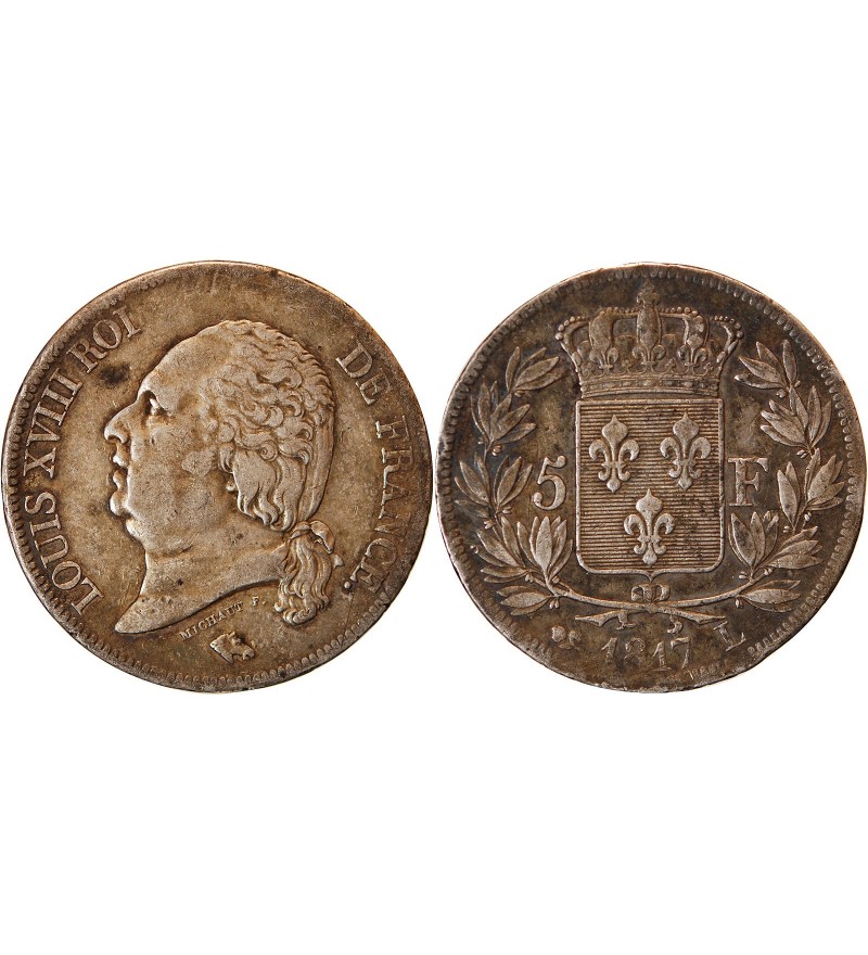 LOUIS XVIII - 5 FRANCS ARGENT 1817 L BAYONNE