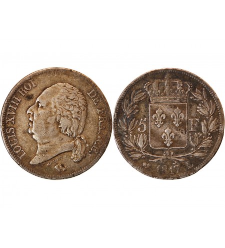 LOUIS XVIII - 5 FRANCS ARGENT 1817 L BAYONNE