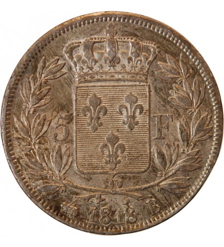 LOUIS XVIII - 5 FRANCS ARGENT 1818 B ROUEN
