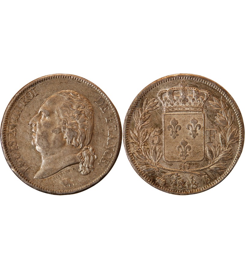 LOUIS XVIII - 5 FRANCS ARGENT 1818 B ROUEN