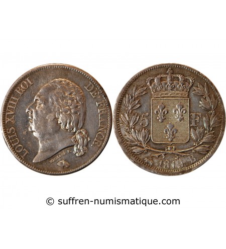 LOUIS XVIII - 5 FRANCS ARGENT 1819 B ROUEN