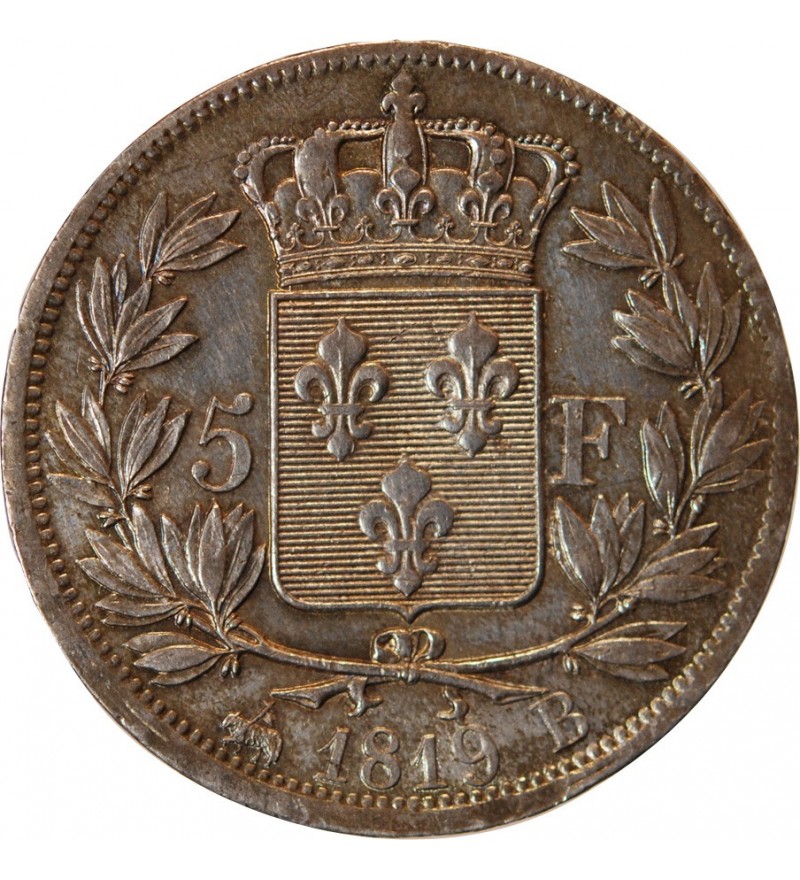 LOUIS XVIII - 5 FRANCS ARGENT 1819 B ROUEN