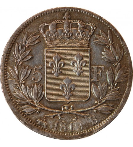 LOUIS XVIII - 5 FRANCS ARGENT 1819 B ROUEN