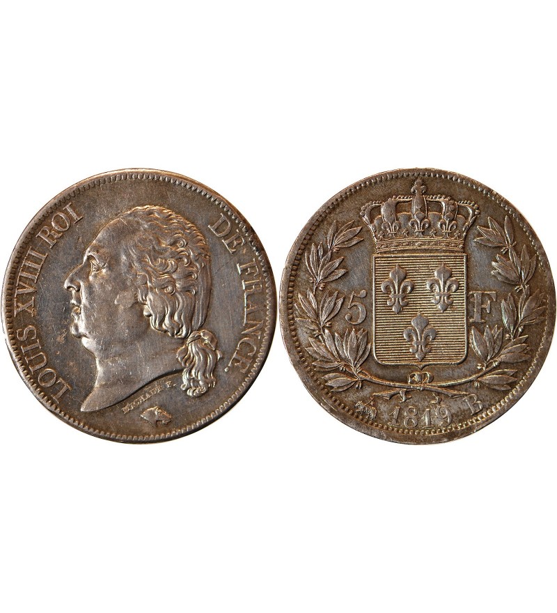LOUIS XVIII - 5 FRANCS ARGENT 1819 B ROUEN