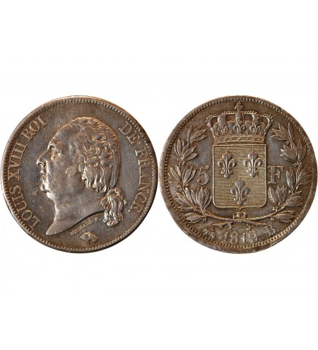 LOUIS XVIII - 5 FRANCS ARGENT 1819 B ROUEN
