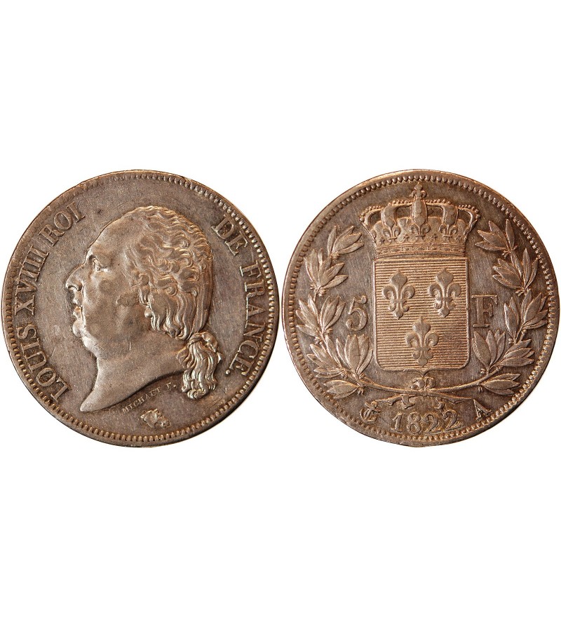LOUIS XVIII - 5 FRANCS ARGENT 1822 A PARIS