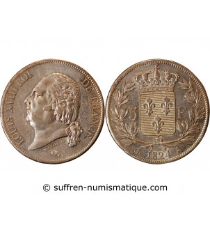 LOUIS XVIII - 5 FRANCS ARGENT 1824 A PARIS