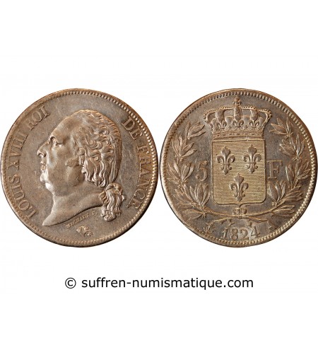 LOUIS XVIII - 5 FRANCS ARGENT 1824 A PARIS