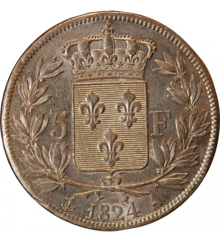 LOUIS XVIII - 5 FRANCS ARGENT 1824 A PARIS