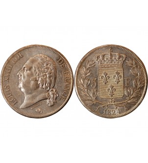 LOUIS XVIII - 5 FRANCS ARGENT 1824 A PARIS 2