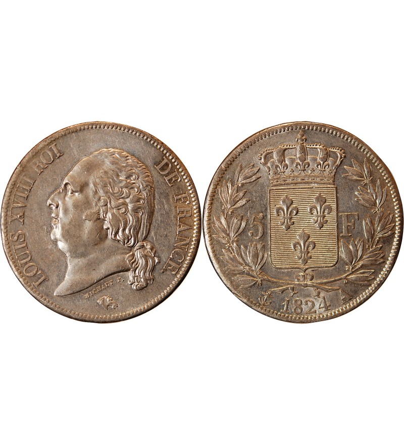 LOUIS XVIII - 5 FRANCS ARGENT 1824 A PARIS