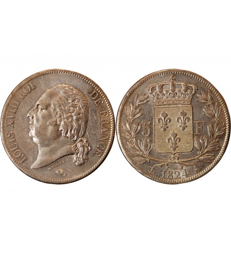 LOUIS XVIII - 5 FRANCS ARGENT 1824 A PARIS