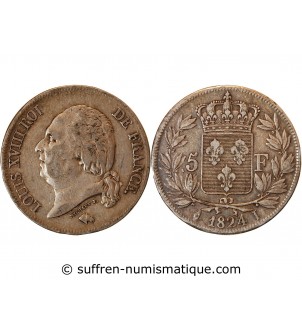 LOUIS XVIII - 5 FRANCS ARGENT 1824 I LIMOGES