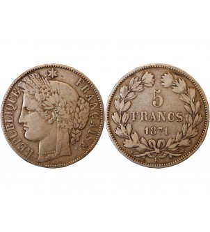 CERES - 5 FRANCS ARGENT 1871 K BORDEAUX "Sans légende" 2
