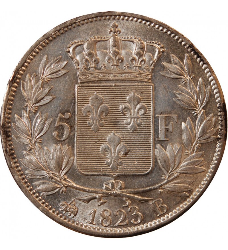 LOUIS XVIII - 5 FRANCS ARGENT 1823 B ROUEN