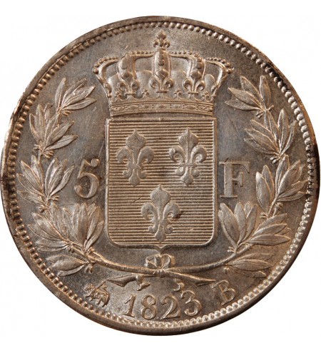 LOUIS XVIII - 5 FRANCS ARGENT 1823 B ROUEN