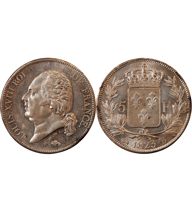 LOUIS XVIII - 5 FRANCS ARGENT 1823 B ROUEN
