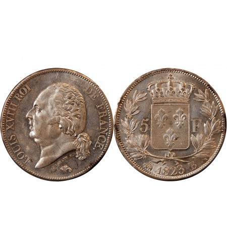 LOUIS XVIII - 5 FRANCS ARGENT 1823 B ROUEN